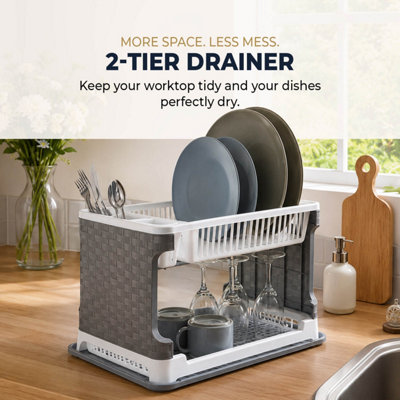 2-Tier Dish Drainer, Draining Rack - 12 Plates, Cutlery Holder, Double ...
