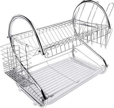 2 Tier Dish Drainer Rack Silver, Bowls Dishes Plates Cup Her with Drip ...