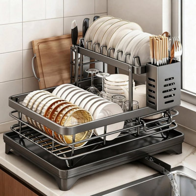 2 Tier Dish Drainer Rack with Drip Tray Cutlery Holder Plate Racks ...