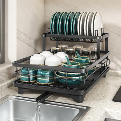 2 Tier Dish Drainer Rack with Drip Tray Cutlery Holder Plate Racks ...