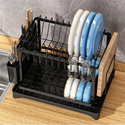 2 Tier Dish Drainer Rack with Drip Tray Cutlery Holder