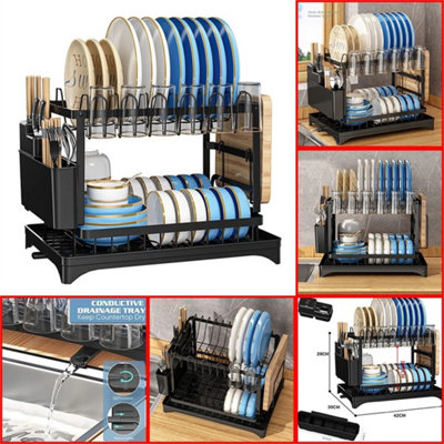 2 Tier Dish Drainer Rack with Drip Tray Cutlery Holder