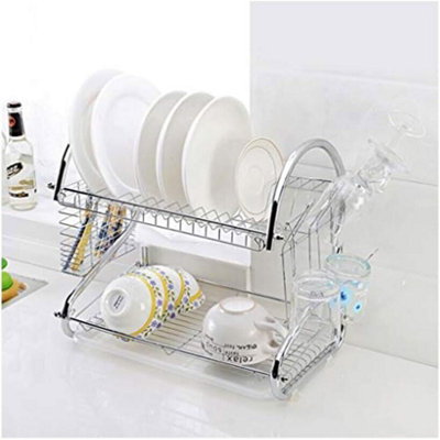 2 Tier Dish Drainer Rack with Drip Tray Plate Rack Kitchen Sink Cutlery ...
