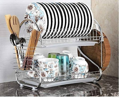 2 Tier Dish Drainer Rack with Drip Tray Plate Rack Kitchen Sink Cutlery ...
