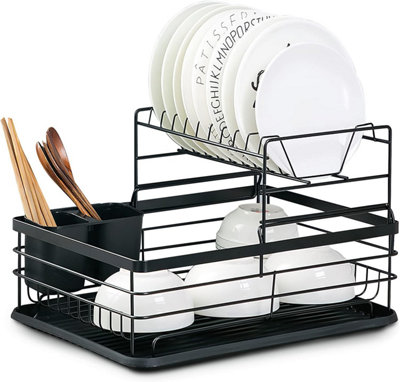 2 Tier Dish Drainer Rack with Removable Drip Tray (Black)