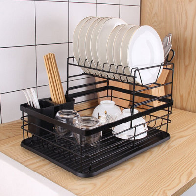 2 Tier Dish Drying Rack Black with Drip Tray Utensil Holder and Plate ...