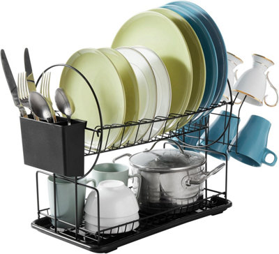 Kitchen Storage Rack Double Layer Dish Drainer Drying Rack With Drainboard,  Multifunctional Tableware Organizer, Black