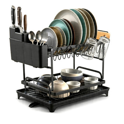 2 Tier Dish Drying Rack Plate Rack with Drip Tray & Utensil Holder