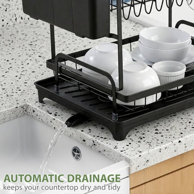 2 Tier Dish Drying Rack Plate Rack with Drip Tray & Utensil Holder