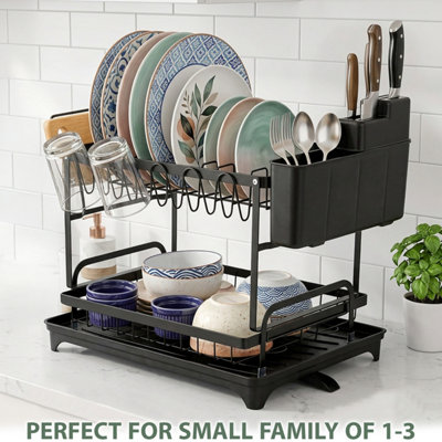 2 Tier Dish Drying Rack Plate Rack with Drip Tray & Utensil Holder