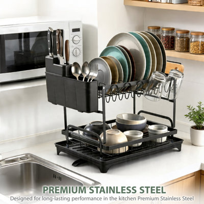 2 Tier Dish Drying Rack Plate Rack with Drip Tray & Utensil Holder