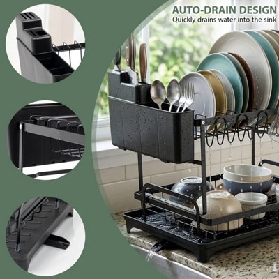 2 Tier Dish Drying Rack Plate Rack with Drip Tray & Utensil Holder