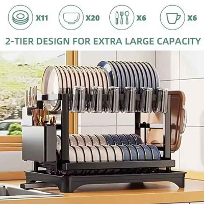 2-Tier Dish Drying Rack with Cutlery Holder, Carbon Steel & Plastic ...