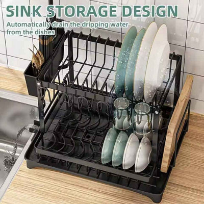 2-Tier Dish Drying Rack with Cutlery Holder, Carbon Steel & Plastic ...