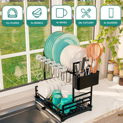 2-Tier Dish Rack Drainer Plate Cup Drying Storage Drip