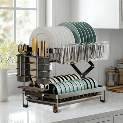 2-Tier Dish Rack Plate Cup Drying Drainer Storage Drip Tray Cutlery ...