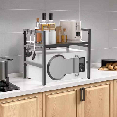 2 Tier Expandable Microwave and Kitchen Rack with Hooks