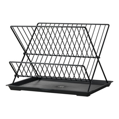 2 Tier Foldable Countertop Dish Drying Rack with Drip Tray, Black
