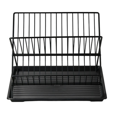2 Tier Foldable Countertop Dish Drying Rack with Drip Tray, Black
