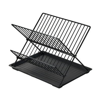 2 Tier Foldable Countertop Dish Drying Rack with Drip Tray, Black