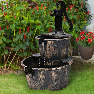 2 Tier Garden Wooden Effect Plastic Barrel Water Fountain Pump Cascading Feature