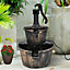 2 Tier Garden Wooden Effect Plastic Barrel Water Fountain Pump Cascading Feature