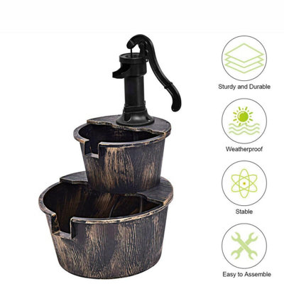 2 Tier Garden Wooden Effect Plastic Barrel Water Fountain Pump Cascading Feature