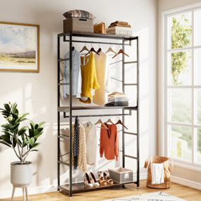 2 Tier Garment Hanging Rack Clothes Rail with Storage Shelves 216cm (H)
