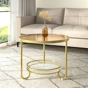 2 Tier Gold Round Glass Coffee Table Bedside Table End Table with Slate Storage Shelf D 605 mm