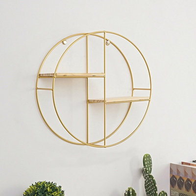 2 Tier Golden Iron Circle Hanging Storage Shelving Floating Circular Wall Decor Round Hanging Shelves 37CM