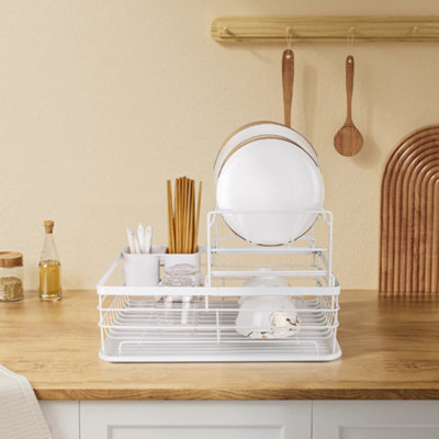 2-Tier Iron Kitchen Dish Rack Drainer Rack in White