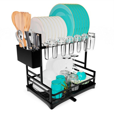 2 Tier Kitchen Dish Drainer Rack Dish Drying Rack with Cutlery Holder & Swivel Drainage Spout