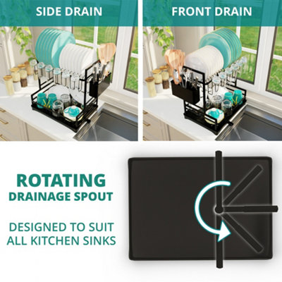 2 Tier Kitchen Dish Drainer Rack Dish Drying Rack with Cutlery Holder & Swivel Drainage Spout
