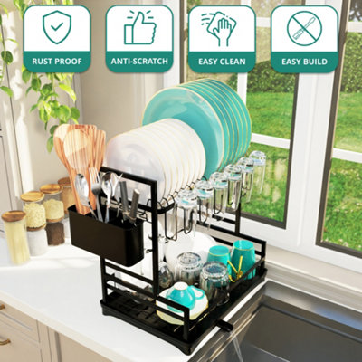 2 Tier Kitchen Dish Drainer Rack Dish Drying Rack with Cutlery Holder & Swivel Drainage Spout