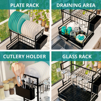 2 Tier Kitchen Dish Drainer Rack Dish Drying Rack with Cutlery Holder & Swivel Drainage Spout