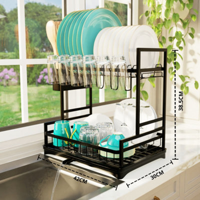 2 Tier Kitchen Dish Drainer Rack Dish Drying Rack with Cutlery Holder & Swivel Drainage Spout