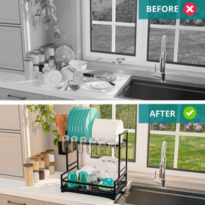 2 Tier Kitchen Dish Drainer Rack Dish Drying Rack with Cutlery Holder & Swivel Drainage Spout