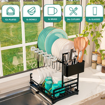 2 Tier Kitchen Dish Drainer Rack Dish Drying Rack with Cutlery Holder & Swivel Drainage Spout
