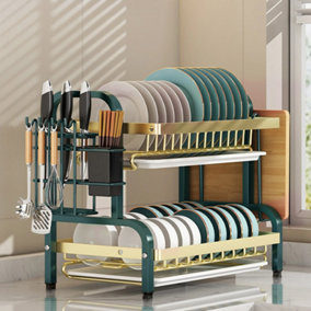 2-Tier Kitchen Dish Rack with Cutlery Holder and Drip Tray, Green