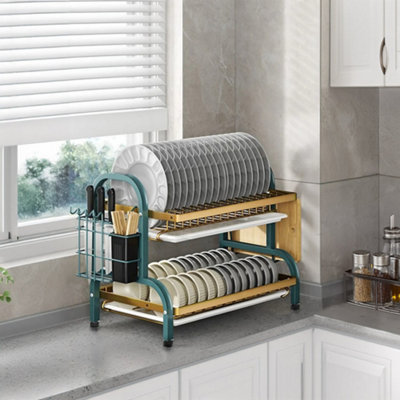 2-Tier Kitchen Dish Rack with Cutlery Holder and Drip Tray, Green