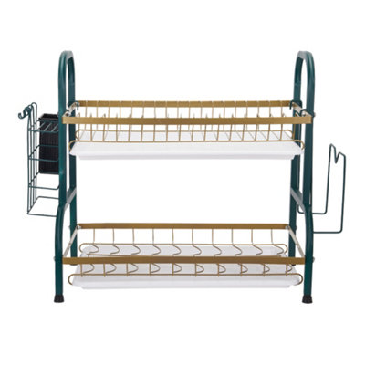 2-Tier Kitchen Dish Rack with Cutlery Holder and Drip Tray, Green