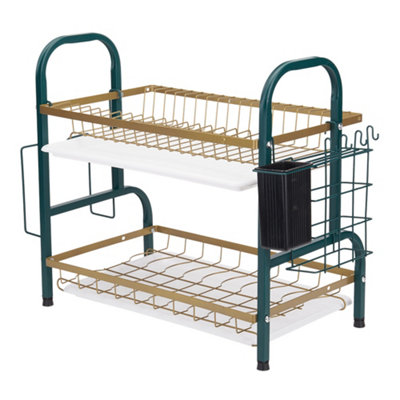 2-Tier Kitchen Dish Rack with Cutlery Holder and Drip Tray, Green