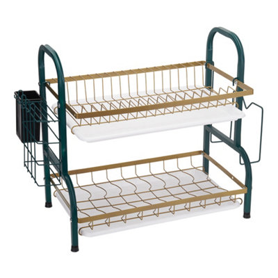 2-Tier Kitchen Dish Rack with Cutlery Holder and Drip Tray, Green
