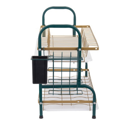 2-Tier Kitchen Dish Rack with Cutlery Holder and Drip Tray, Green