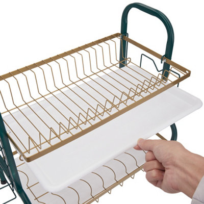 2-Tier Kitchen Dish Rack with Cutlery Holder and Drip Tray, Green