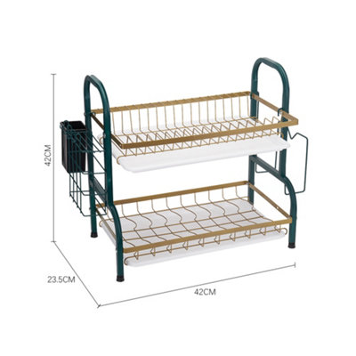 2-Tier Kitchen Dish Rack with Cutlery Holder and Drip Tray, Green