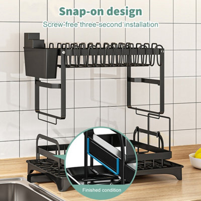 2 TIER KITCHEN SINK DISH DRAINER RACK WITH DRIP TRAY CUTLERY HOLDER ...