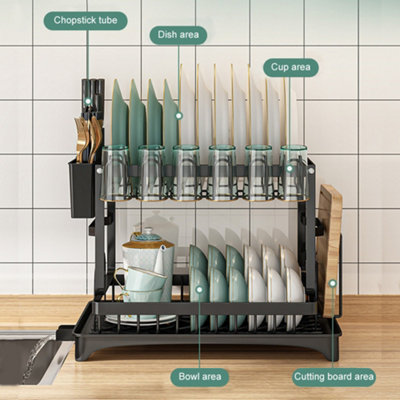 2 TIER KITCHEN SINK DISH DRAINER RACK WITH DRIP TRAY CUTLERY HOLDER ...