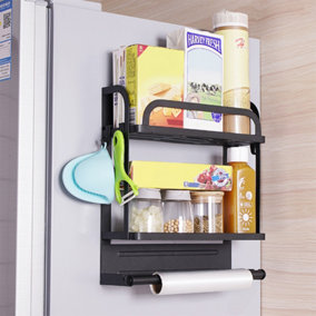 2 Tier Magnetic Spice Rack Fridge Shelf Space Saving Kitchen Storage Unit with Cling Film Holder