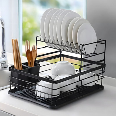 2-Tier Metal Dish Rack Kitchen Dish Drainer Rack, Black